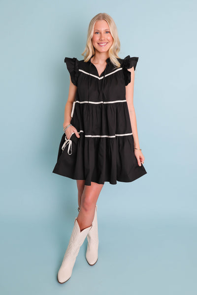 Women's Black Button Down Dress- Chic High End Dress with Ruffle Sleeves- Sofie The Label Dress