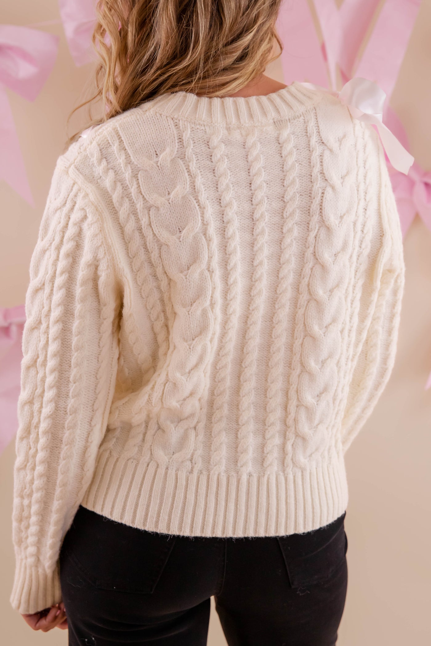 Ivory Sweater With Pink Ribbon- Cable Knit Ribbon Sweater For Women- LoveShack Bow Sweater