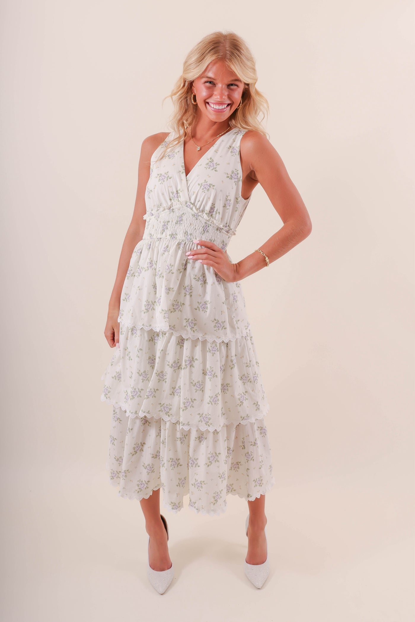 Dainty Floral and Lace Midi Dress- Women's Cottage-Core Dress- TCEC Lace Midi Dress