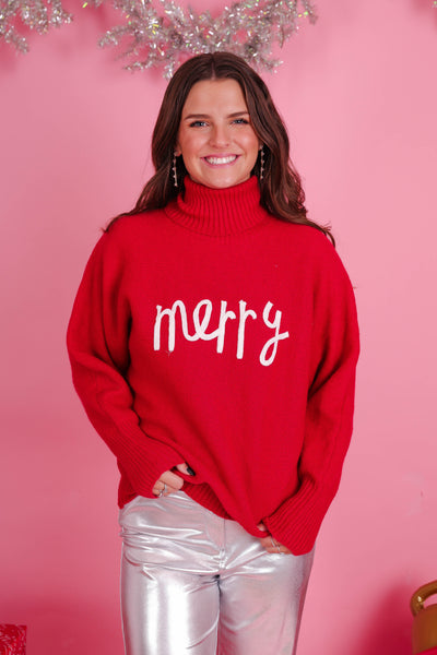 Merry Knit Red Sweater- Women's Classy Christmas Sweaters- Women's Preppy Christmas Tops