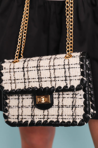 Chic Black and White Tweed Handbag- Handbag with Gold Chain- Urban Expressions Tweed Handbag