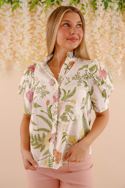Women's Cotton Floral Blouse- Button Down Spring Tops- Entro Tops