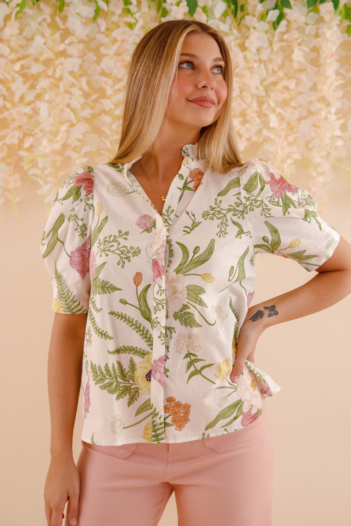 Women's Cotton Floral Blouse- Button Down Spring Tops- Entro Tops