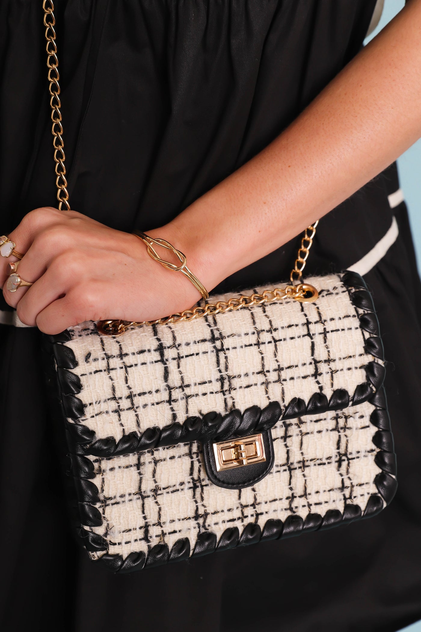 Chic Black and White Tweed Handbag- Handbag with Gold Chain- Urban Expressions Tweed Handbag