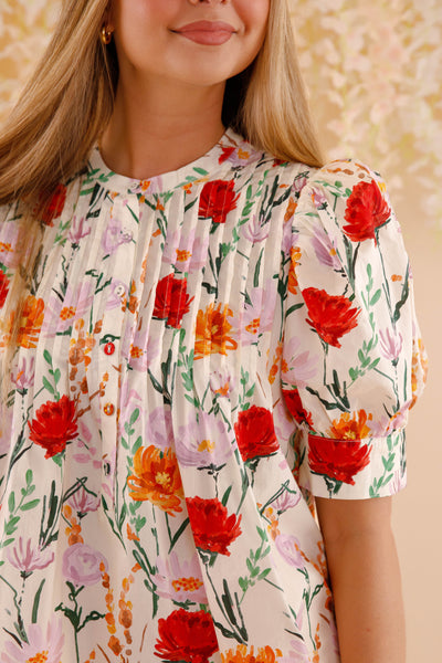 Flower Print Cotton Blouse- Women's Spring Summer Tops- Entro Floral Tops