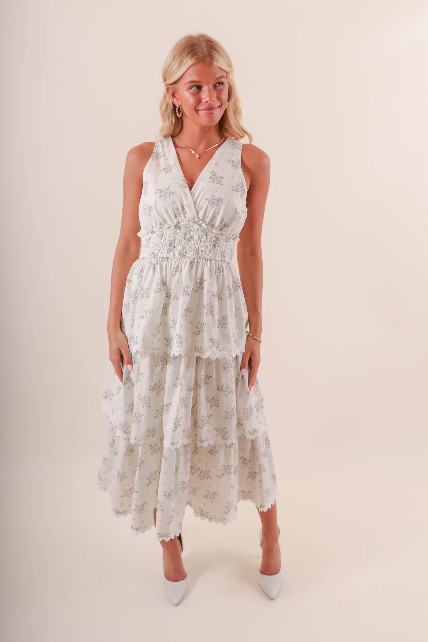 Dainty Floral and Lace Midi Dress- Women's Cottage-Core Dress- TCEC Lace Midi Dress