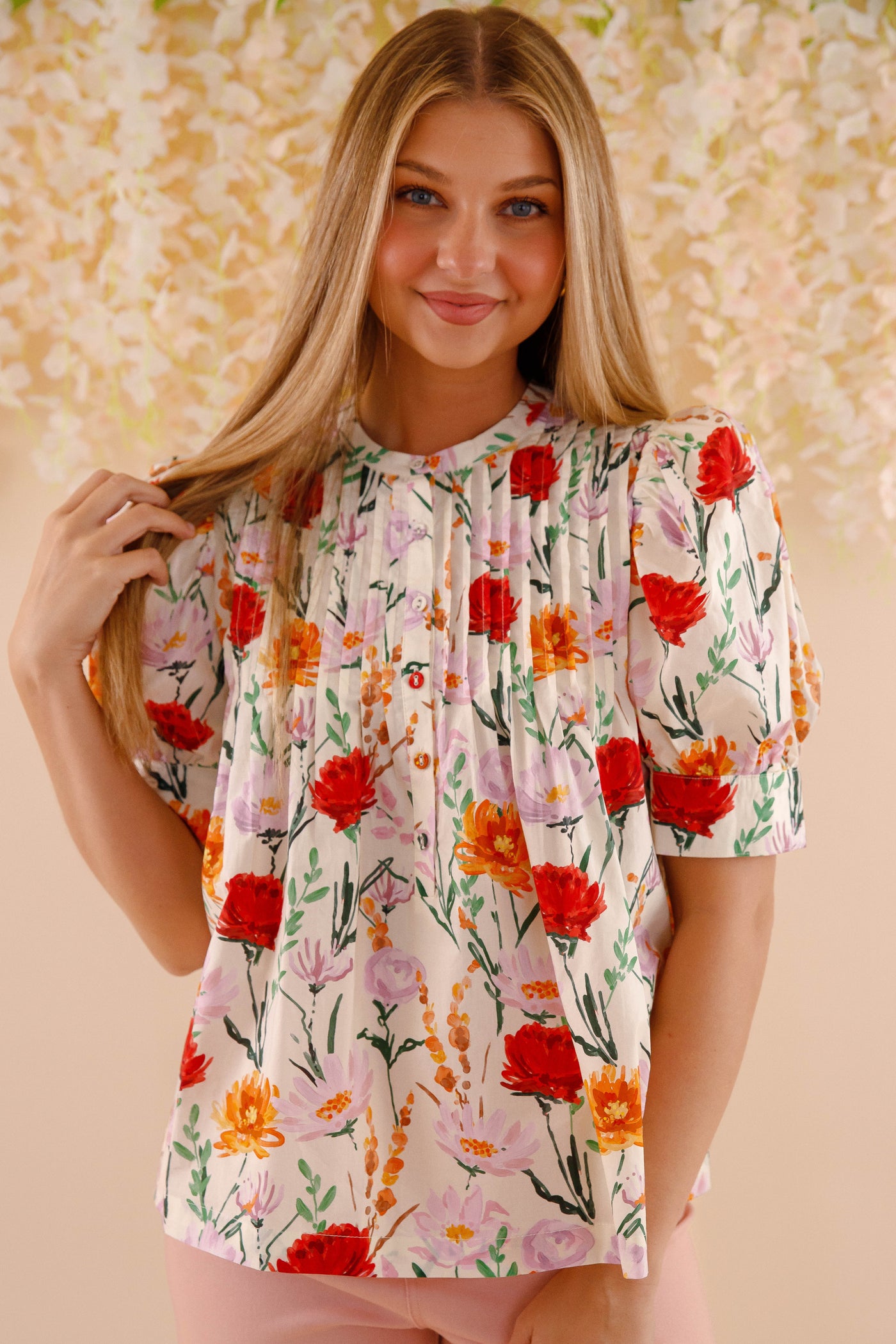 Flower Print Cotton Blouse- Women's Spring Summer Tops- Entro Floral Tops