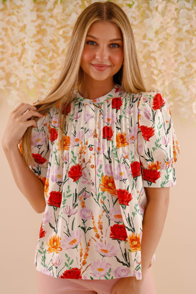 Flower Print Cotton Blouse- Women's Spring Summer Tops- Entro Floral Tops