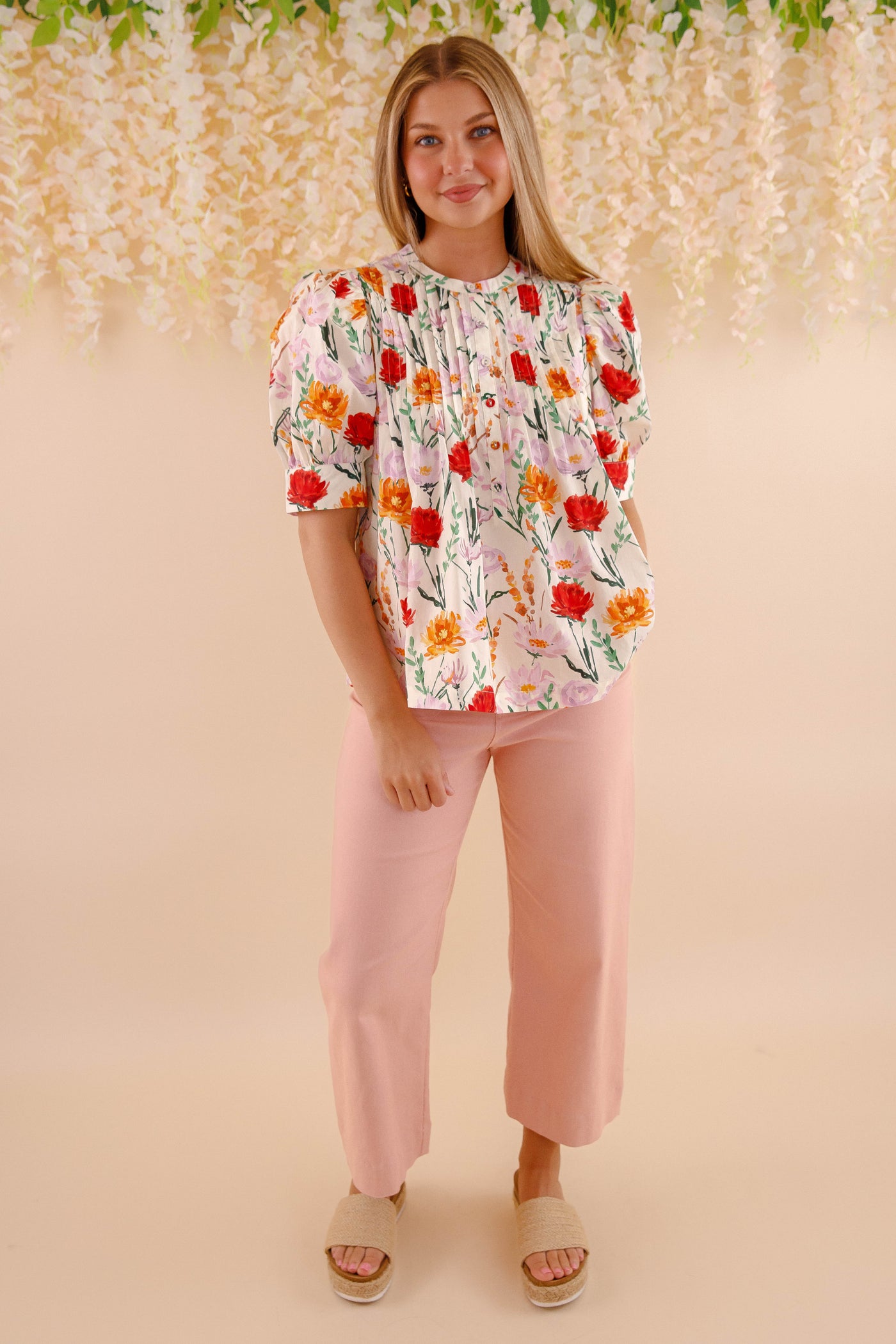 Flower Print Cotton Blouse- Women's Spring Summer Tops- Entro Floral Tops