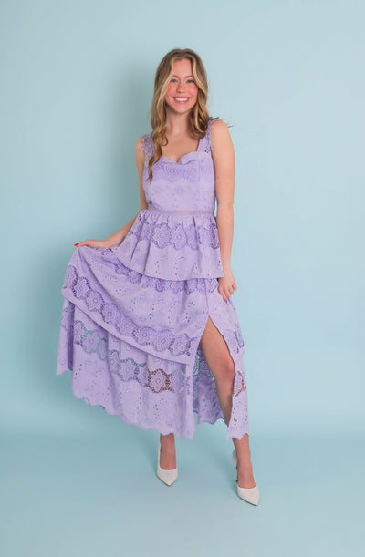 Lavender Floral Embroidered Midi Dress- Women's Purple Lace Dress- Just Me Dresses