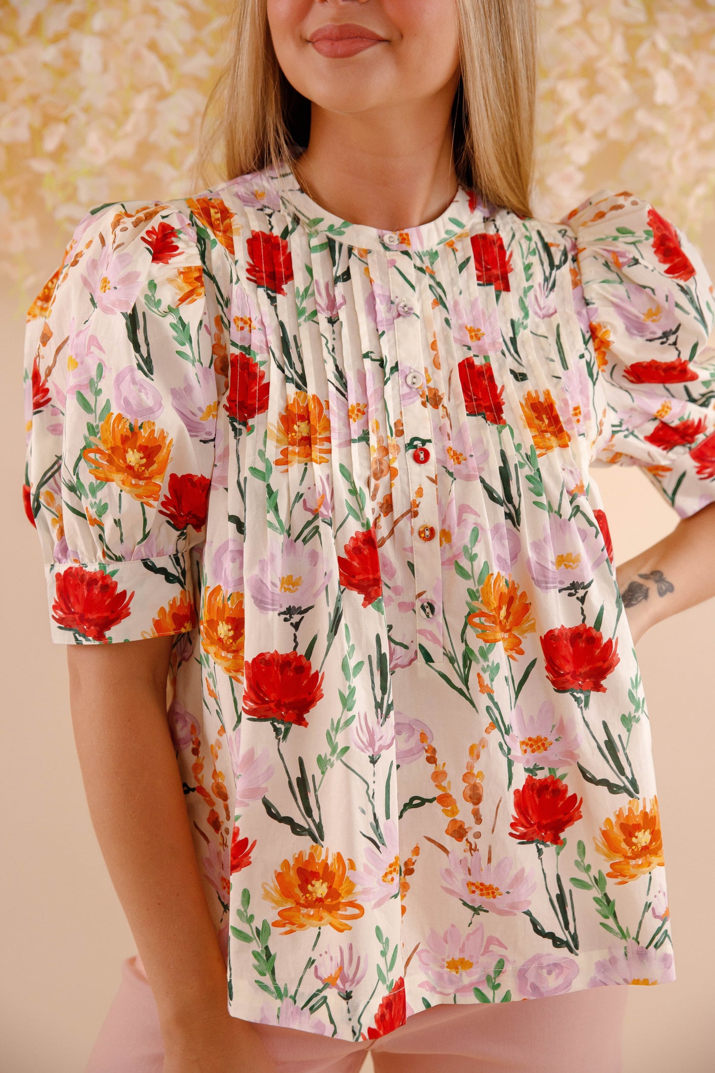Flower Print Cotton Blouse- Women's Spring Summer Tops- Entro Floral Tops