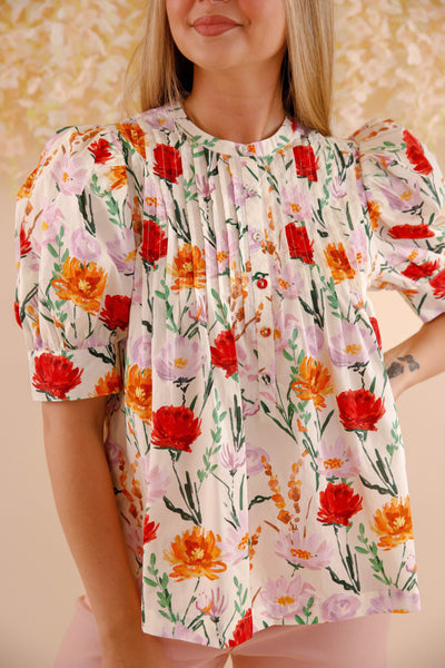 Flower Print Cotton Blouse- Women's Spring Summer Tops- Entro Floral Tops