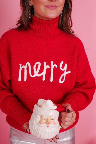 Merry Knit Red Sweater- Women's Classy Christmas Sweaters- Women's Preppy Christmas Tops