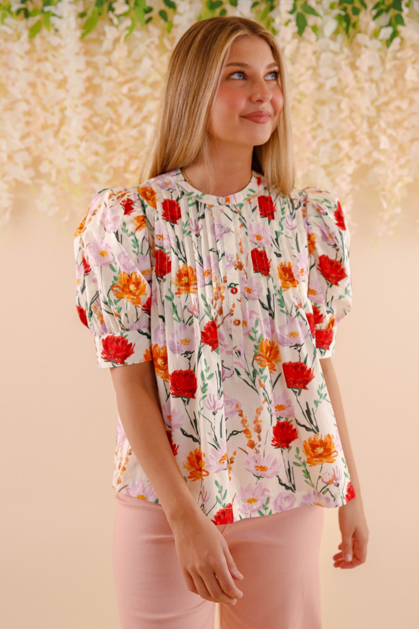 Flower Print Cotton Blouse- Women's Spring Summer Tops- Entro Floral Tops