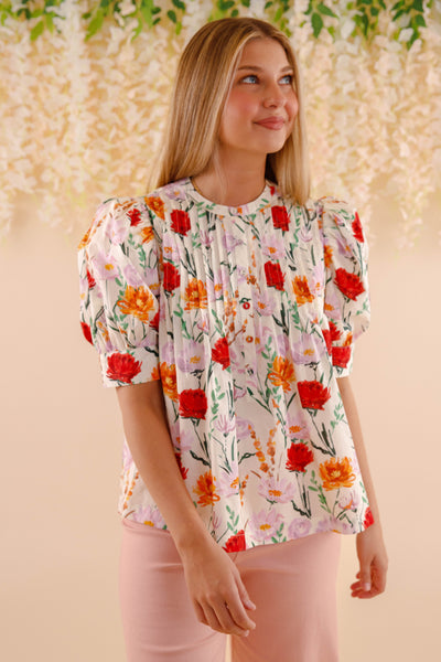 Flower Print Cotton Blouse- Women's Spring Summer Tops- Entro Floral Tops