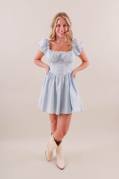 Baby Blue Corset Style Dress- Women's Puff Sleeve Corset Dress- Mable Dresses