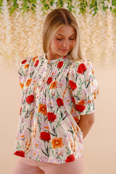 Flower Print Cotton Blouse- Women's Spring Summer Tops- Entro Floral Tops