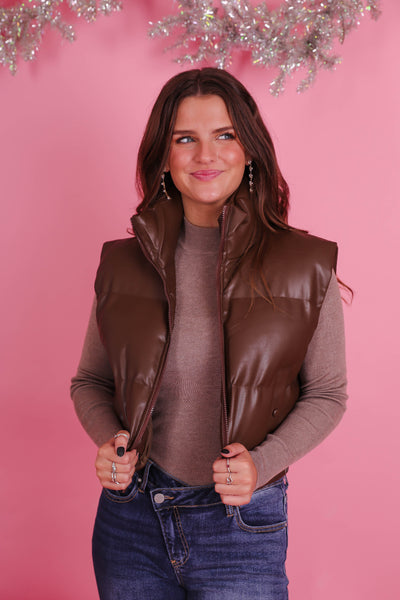 Women's Faux Leather Vest- Women's Trendy Puffer Vest- Cropped Puffer Vest