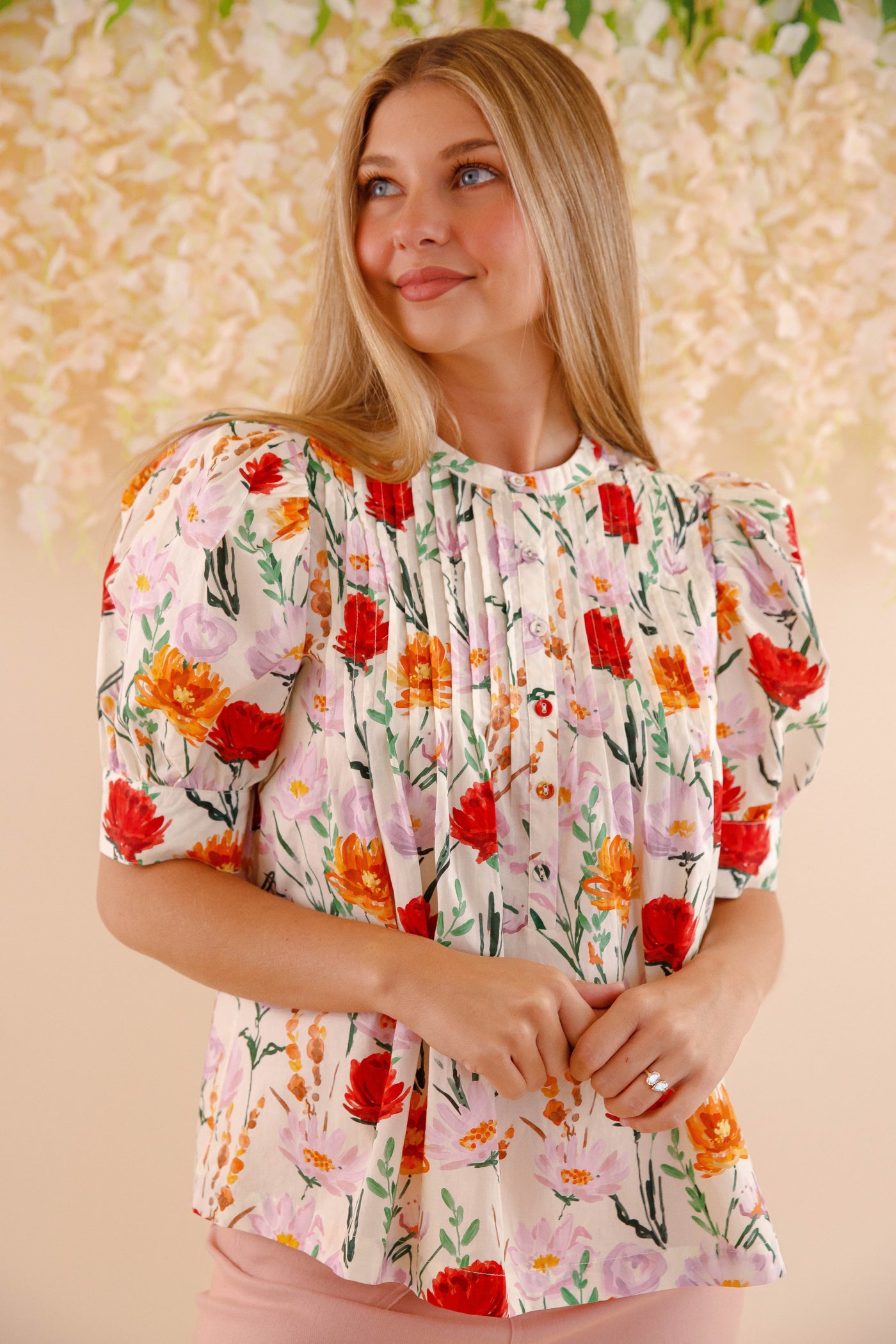 Flower Print Cotton Blouse- Women's Spring Summer Tops- Entro Floral Tops