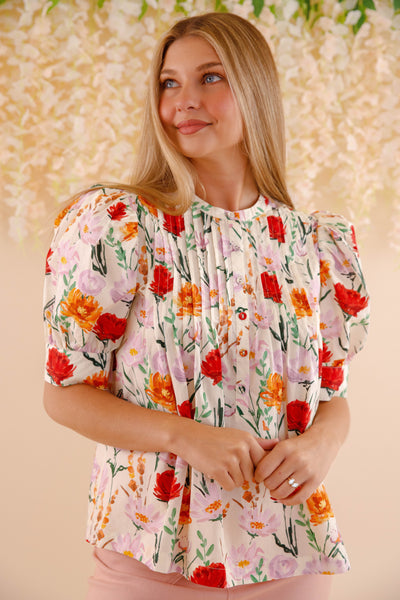 Flower Print Cotton Blouse- Women's Spring Summer Tops- Entro Floral Tops