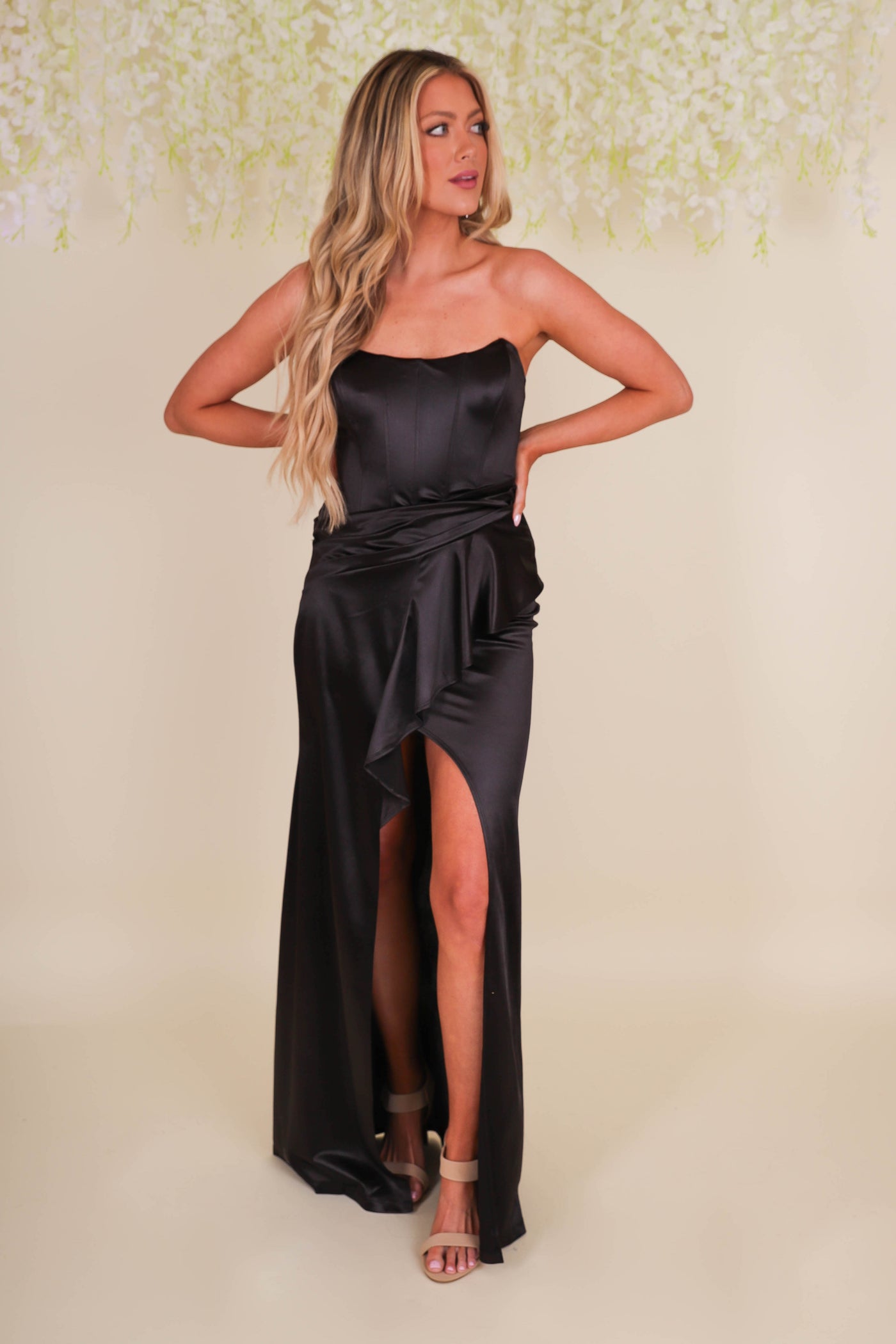 Black Satin Formal Maxi Dress- Satin Bustier Top Dress- Formal Wedding Guest Dresses