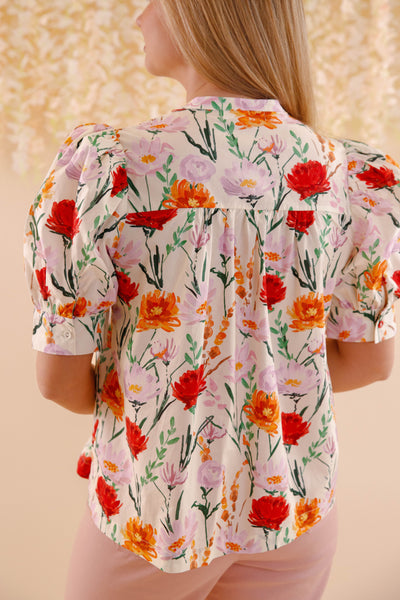 Flower Print Cotton Blouse- Women's Spring Summer Tops- Entro Floral Tops