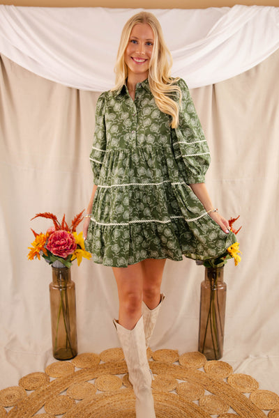 Olive Floral Print Dress- Women's Fall Dress- Entro Olive Dress