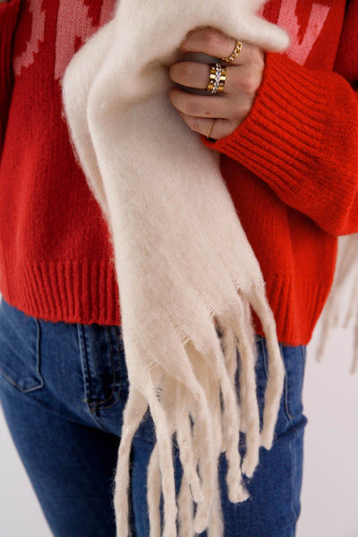 Cream Fringe Scarf- Long Cream Fringe Scarf