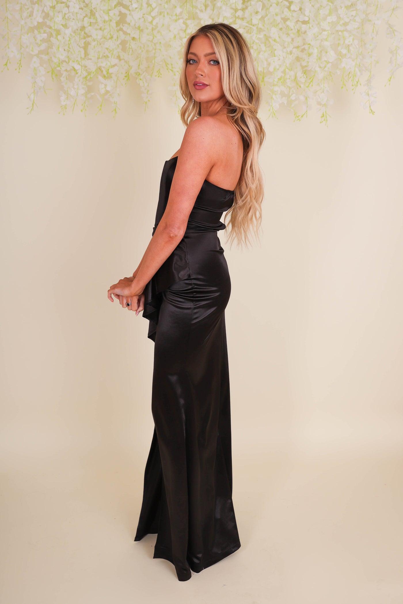 Black Satin Formal Maxi Dress- Satin Bustier Top Dress- Formal Wedding Guest Dresses