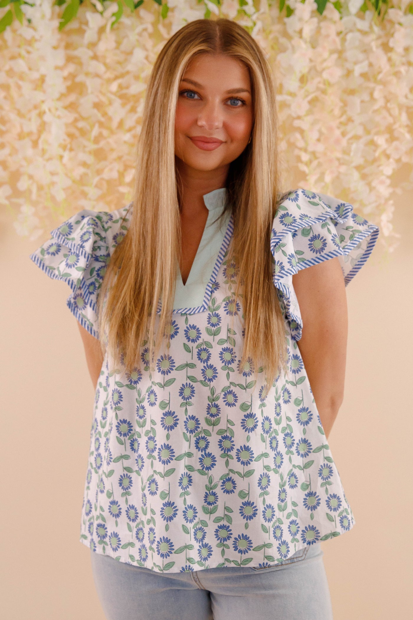 Floral Cotton Flutter Sleeve Blouse- Women's Cotton Tops- Entro Tops