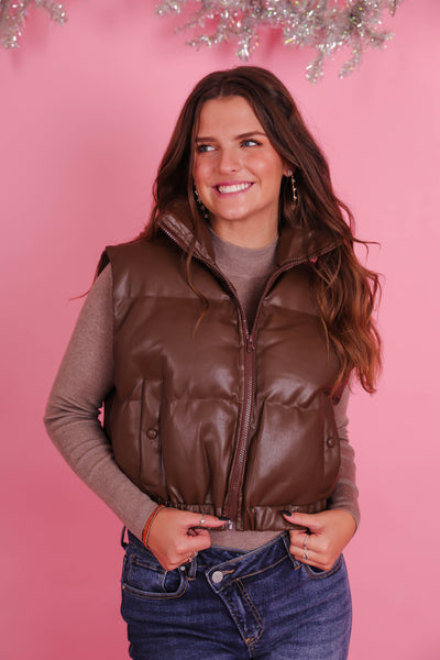 Women's Faux Leather Vest- Women's Trendy Puffer Vest- Cropped Puffer Vest