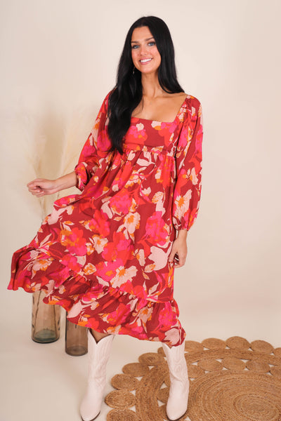 Women's Floral Print Midi Dress- Women's Conservative Midi Dress- In The Beginning Dresses