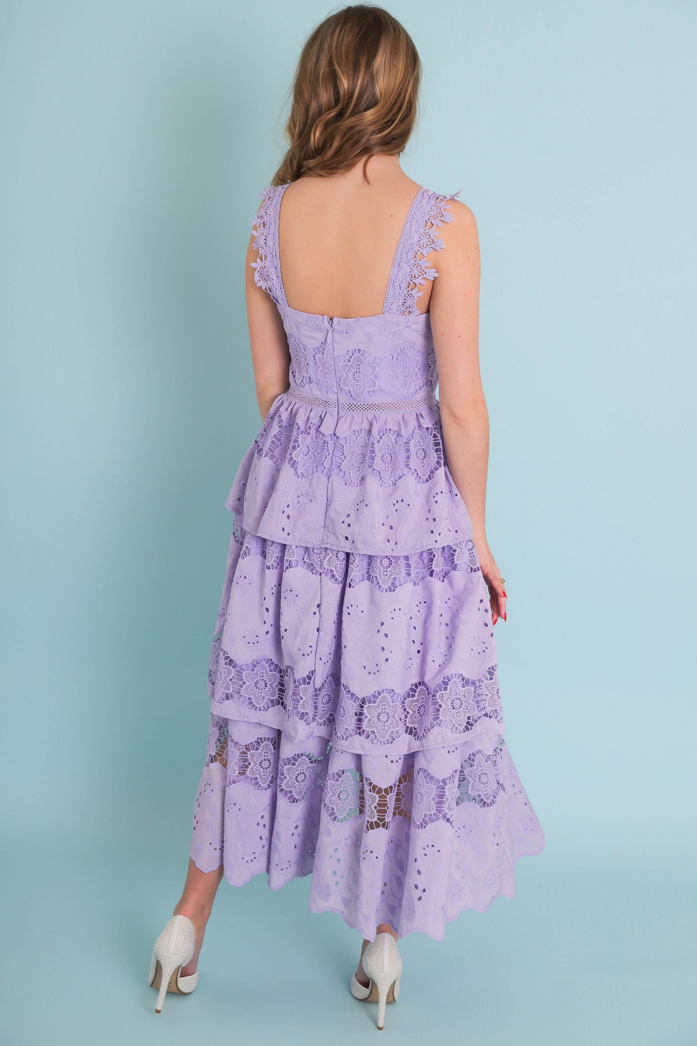 Lavender Floral Embroidered Midi Dress- Women's Purple Lace Dress- Just Me Dresses