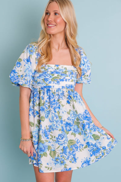 Cute Floral Print Dress- Women's Spring Dresses- Blue Flower Dress