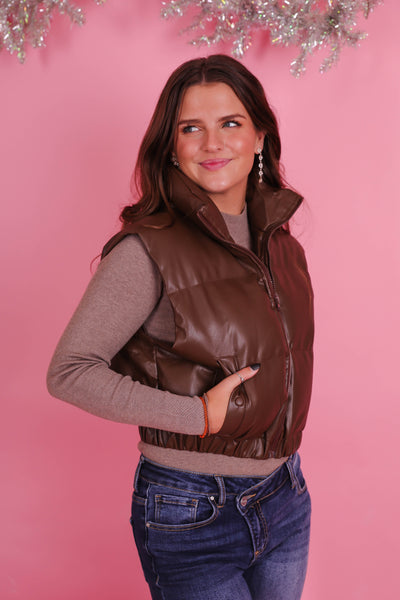 Women's Faux Leather Vest- Women's Trendy Puffer Vest- Cropped Puffer Vest