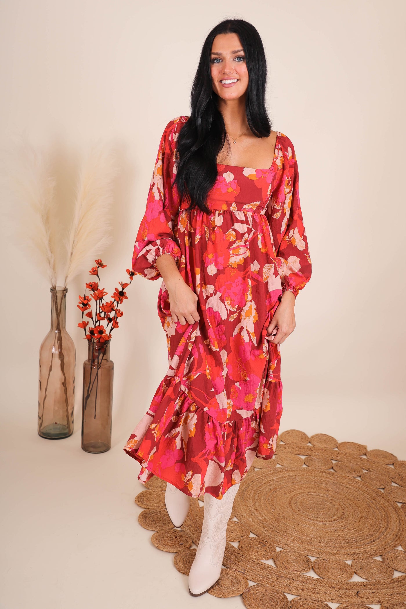 Women's Floral Print Midi Dress- Women's Conservative Midi Dress- In The Beginning Dresses