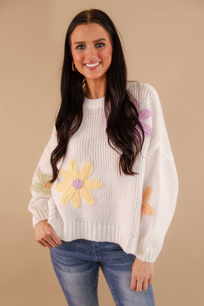 Women's Oversized Knit Sweater- 3D Knit Flower Sweater- Pastel Winter Sweaters