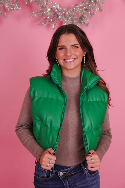 Women's Faux Leather Vest- Women's Trendy Puffer Vest- Cropped Puffer Vest