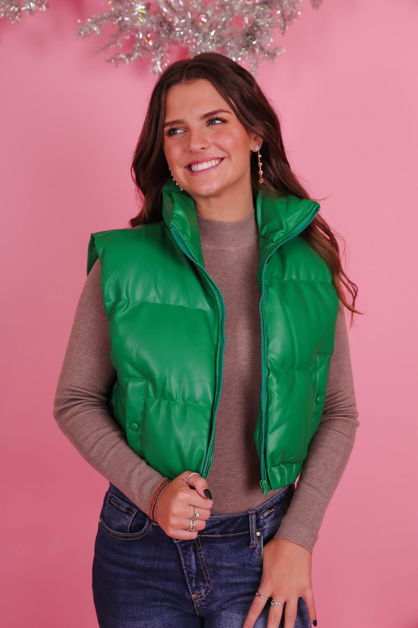 Women's Faux Leather Vest- Women's Trendy Puffer Vest- Cropped Puffer Vest