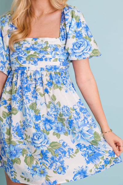 Cute Floral Print Dress- Women's Spring Dresses- Blue Flower Dress