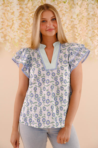 Floral Cotton Flutter Sleeve Blouse- Women's Cotton Tops- Entro Tops