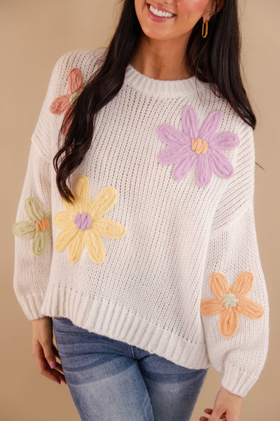 Women's Oversized Knit Sweater- 3D Knit Flower Sweater- Pastel Winter Sweaters