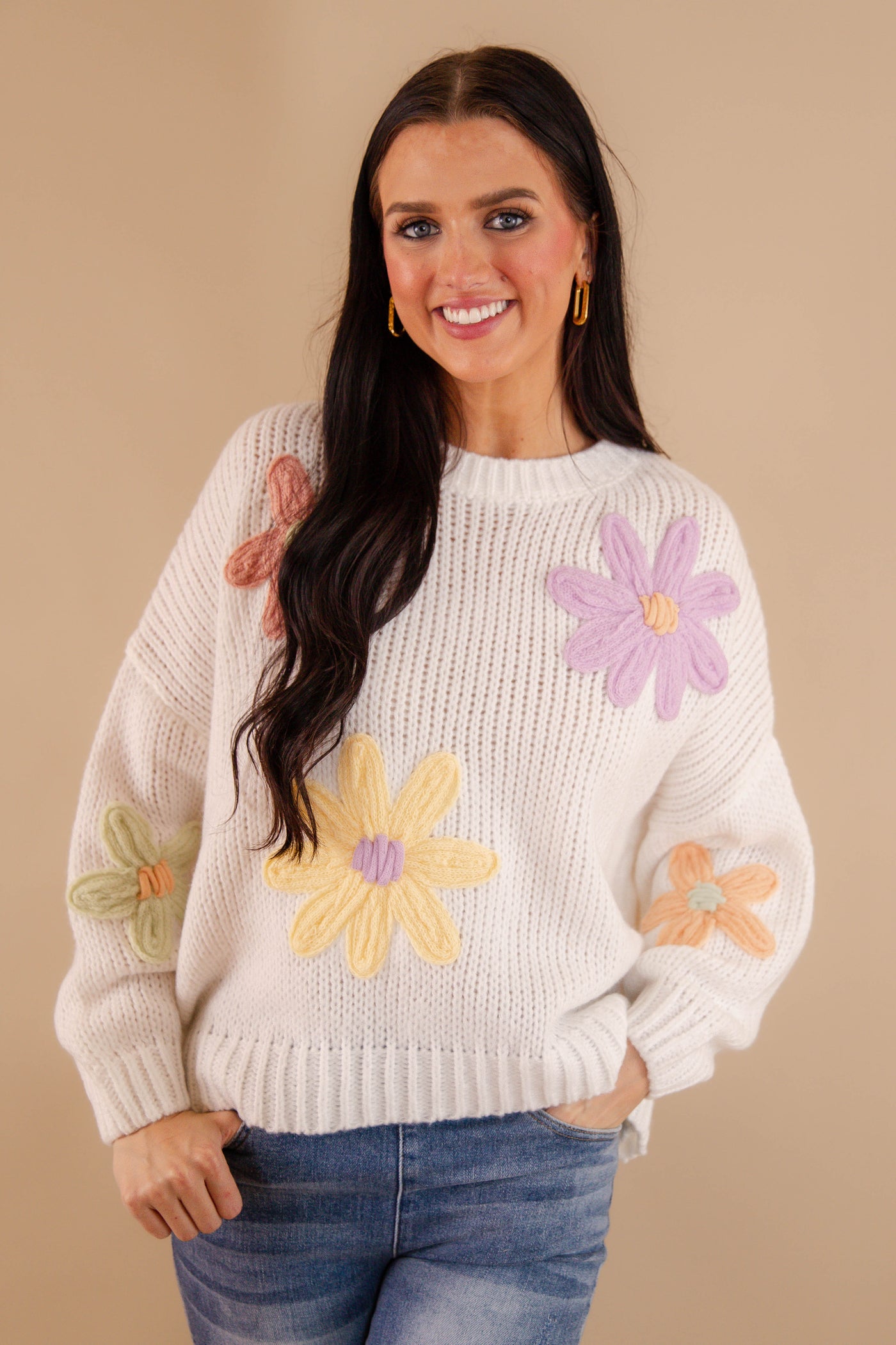 Women's Oversized Knit Sweater- 3D Knit Flower Sweater- Pastel Winter Sweaters