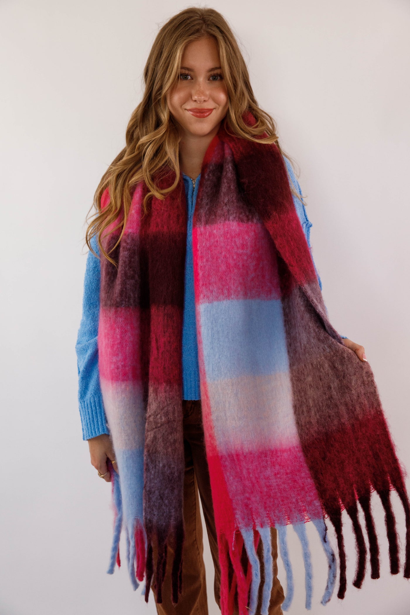 Pink and Blue Plaid Scarf- Soft Long Plaid Scarf