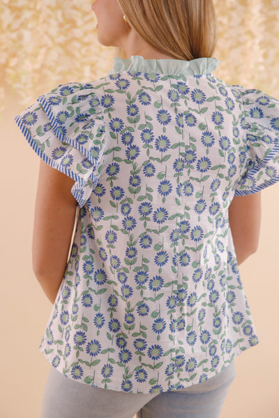 Floral Cotton Flutter Sleeve Blouse- Women's Cotton Tops- Entro Tops