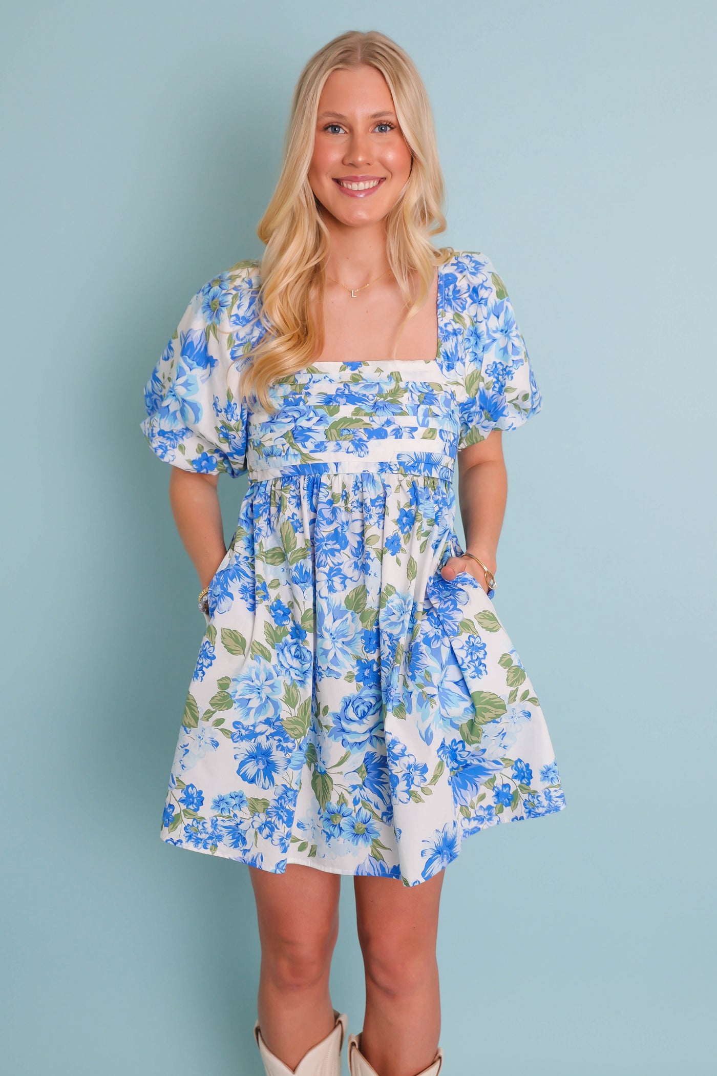 Cute Floral Print Dress- Women's Spring Dresses- Blue Flower Dress