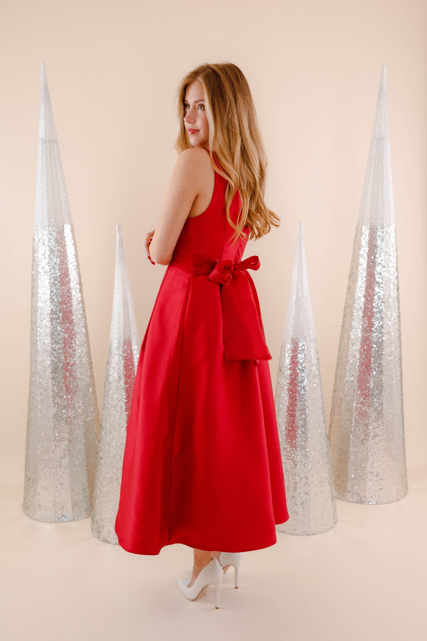 Red Midi Dress With Bow- Elegant Red Event Dress- B Right Red Dress