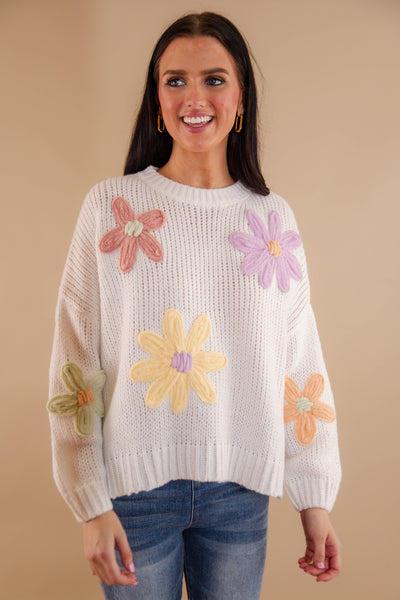 Women's Oversized Knit Sweater- 3D Knit Flower Sweater- Pastel Winter Sweaters