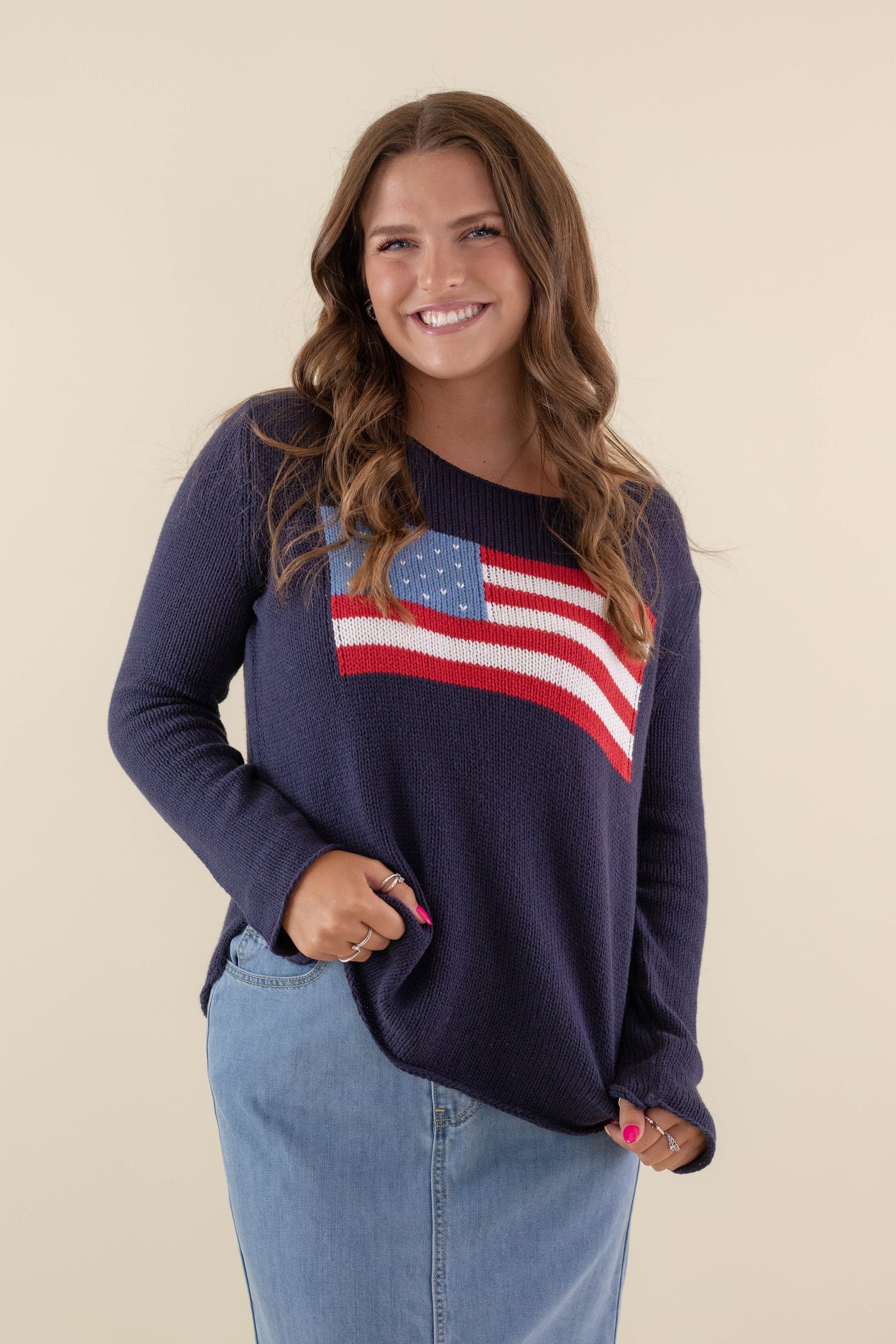 Women's American Flag Sweater- Navy Flag Sweater- Americana Lightweight Sweater