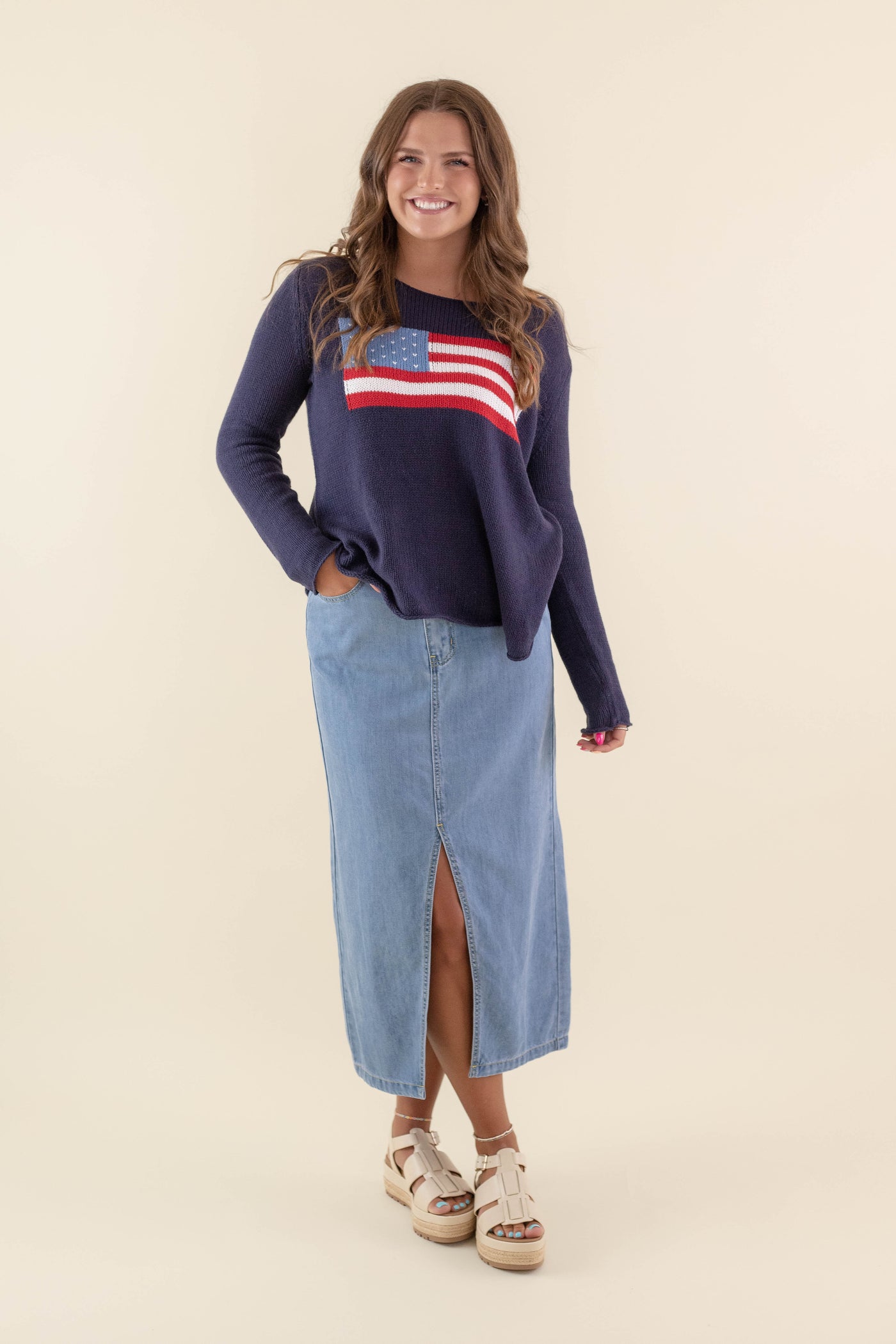 Women's American Flag Sweater- Navy Flag Sweater- Americana Lightweight Sweater